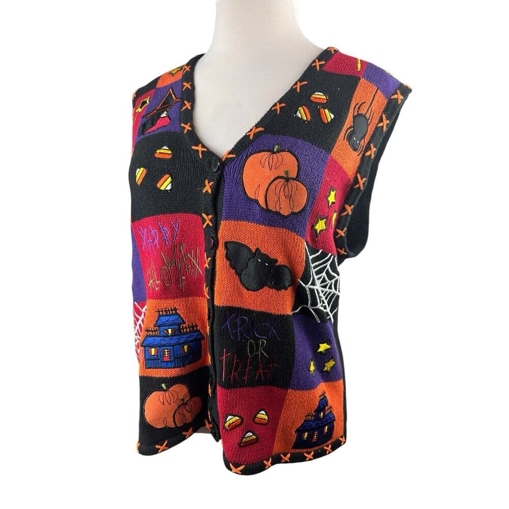 Bobbie Brooks Halloween Knit Vest Trick Or Treat Pumpkin Patch Color Block Large - Picture 5 of 12